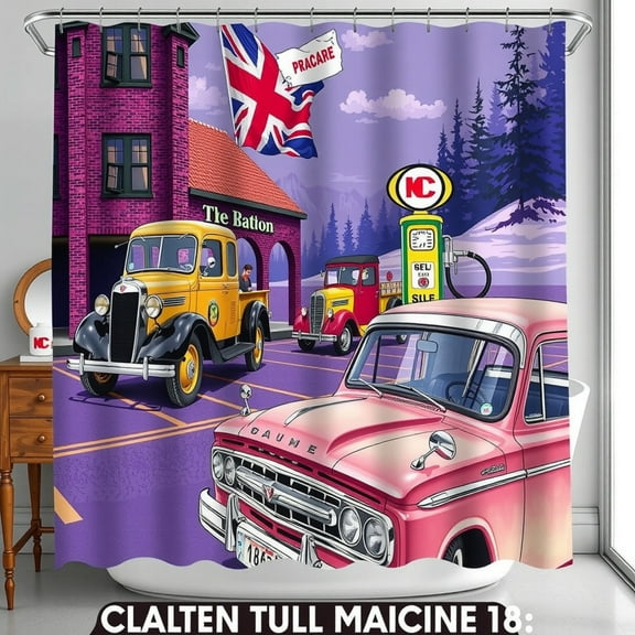 Vintage Classic Cars Shower Curtain - Retro Purple Diner Decor