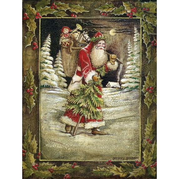 Vintage Classic Father Christmas with Christmas Tree and Bag of Presents Print; One 12x16 Poster Print