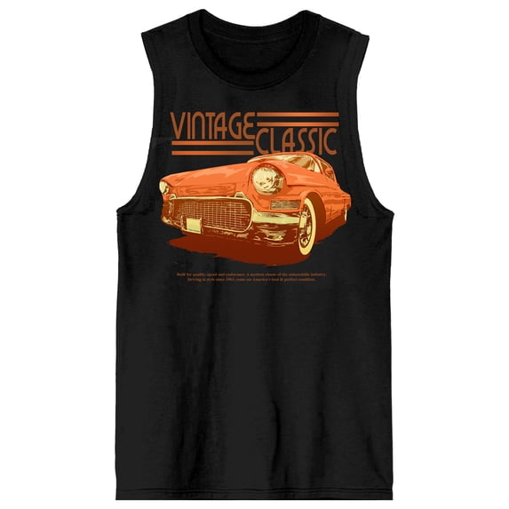 Vintage Classic Orange Car Crew Neck Sleeveless Men's Black Tank Top