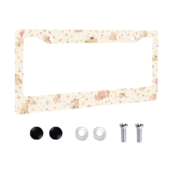 Vintage Classic Winnie Bear Floral Aluminum License Plate Frame, US Standard Decorative Car Tag Holder with Mounting Screws, Cute Cartoon Flower Vehicle License Plate Cover