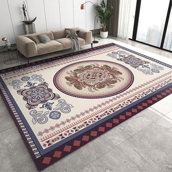 Vintage Classical Boho Art Area Rugs For Living Room, Chic Retro Distressed Bohemian Geometric Pattern Anti-Slip Rug, Rubber Backed Durable Washable Mat For Bedroom Office Hallway 4 x 6ft