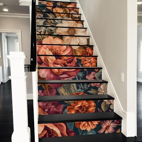 Vintage Classical Brown Flower Peel and Stick Vinyl Stair Riser Decals Staircase Tile Stair Stickers Abstract Boho Art Modern Decoration Self-Adhesive Home Decor Stair Decals (14Pcs)$$Tools