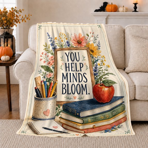 Vintage Classroom Books Apple Pencil Jar Appreciation, Cozy Typography Art Scene, Warm Flannel Blanket for Living Room and Reading Nook, Art Lovers Thank You Gift, Artistic Home Decor