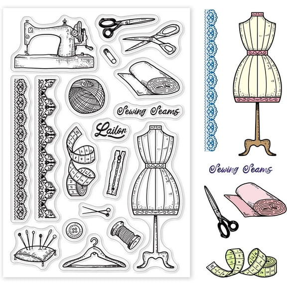 Vintage Clear Stamps Transparent Silicone Stamp Sewing Machine Scissors Wool Tape Measure Cloth Skirt for Card Making Decoration and DIY Scrapbooking