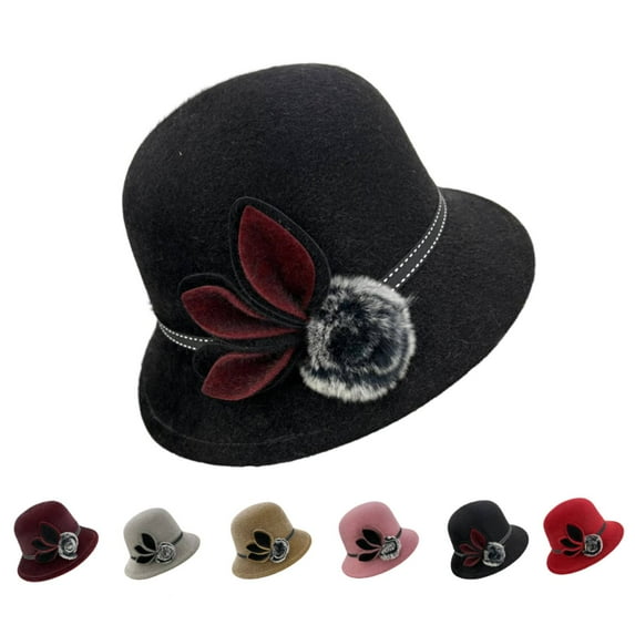 Vintage Cloche Bucket Bowler Hat Women Church Wedding Fascinator Dress Hat Winter Fedora, Black