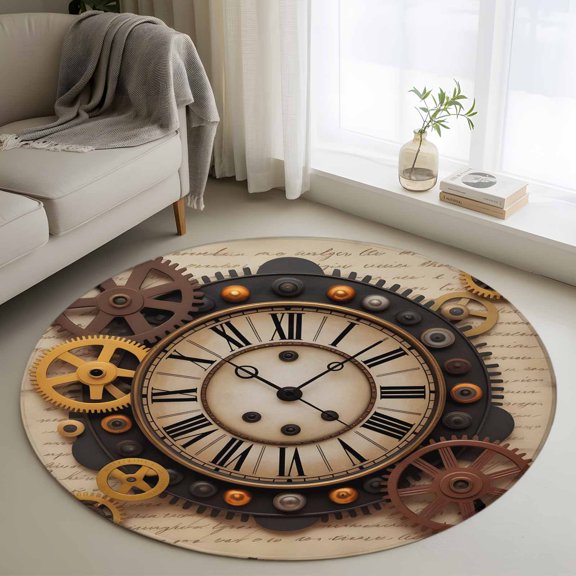 Vintage Clock 4FT Round Area Rugs Punk Style Gears Industrial Aesthetics Retro Soft Small Round Rug Non-Slip, Ultra-Thin Indoor Circle Carpet for Bedroom Entryway Kitchen Bathroom