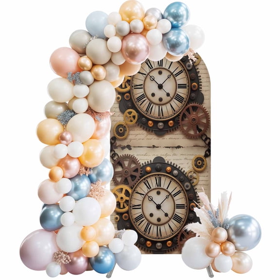 Vintage Clock Arch Backdrop Cover 4 FT Punk Style Gears Industrial Aesthetics Retro Stretchy Elastic Arch Stand Covers Spandex Arched Background Birthday Wedding Party Decoration (No Stand)