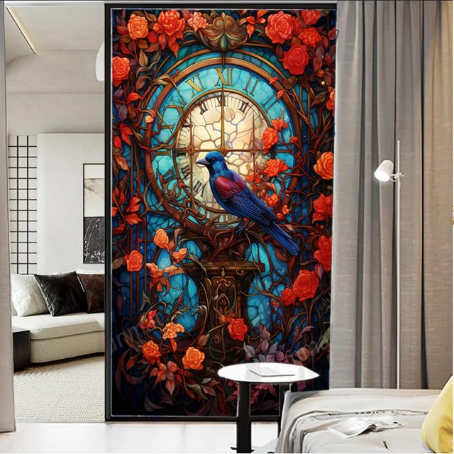 Vintage Clock Bird Privacy Window Film Beautiful Red Flowers Modern
