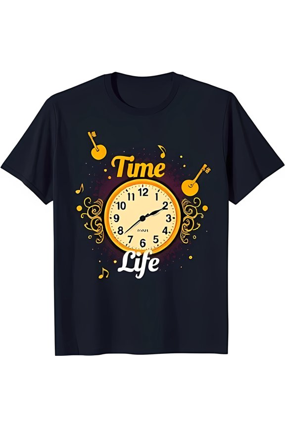 Vintage Clock Face Graphic Black T-Shirt 'Life' Design