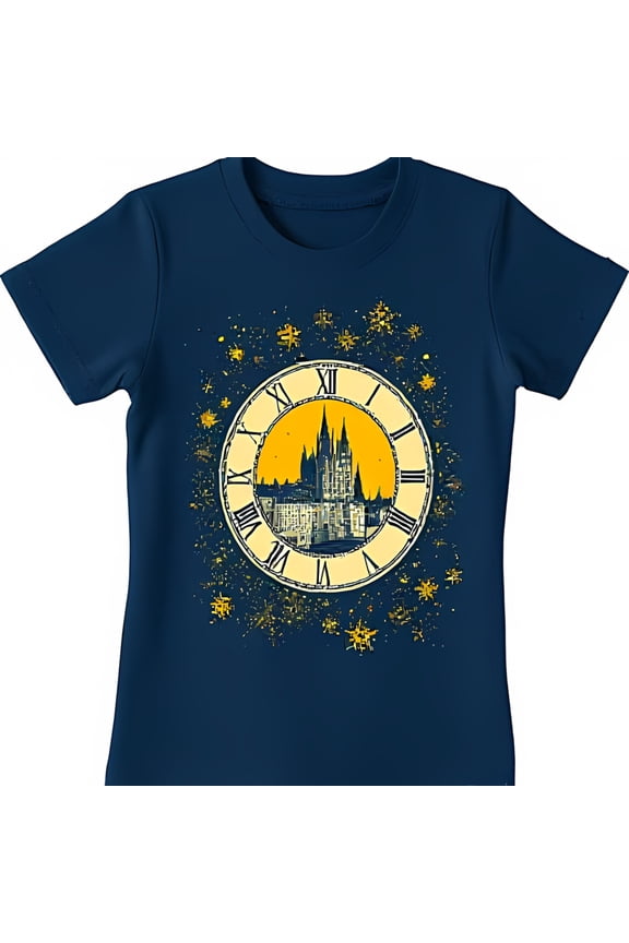 Vintage Clock Face Graphic on Black T-Shirt with Cityscape & Gold Stars