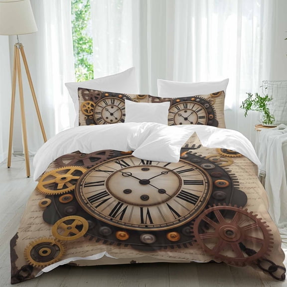 Vintage Clock Full Size Comforter Set, Punk Style Gears Industrial Aesthetics Retro Bedding for All Seasons, 4 Pcs Bed Set, 1Quiltcover (86"x86") ,1Sheet(80"x116"), 2Pillowcases (30"x20")