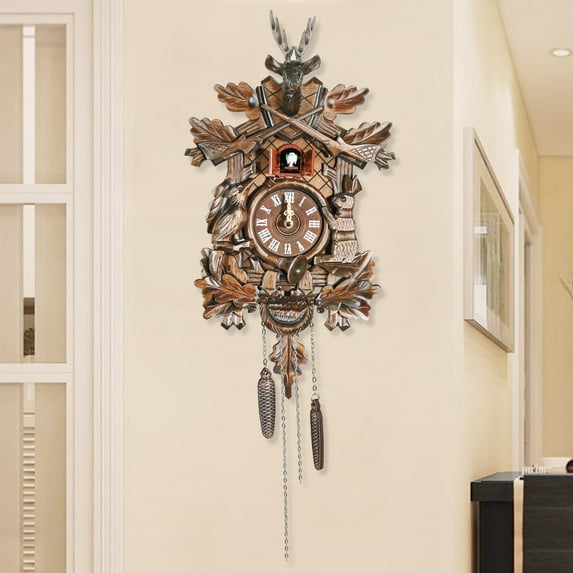 Vintage Clock German Black Forest Wooden Hunter Cuckoo Hanging Wall Clock, 25*10*48cm