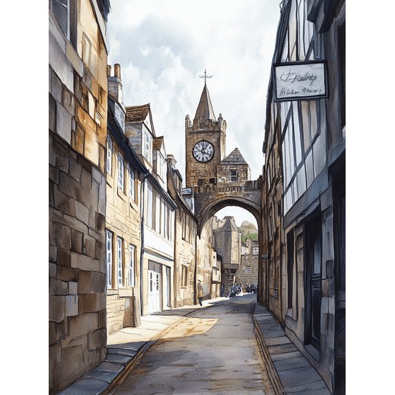 Vintage Clock Tower Alleyway Watercolor Print/Canvas Art Perfect for Living Room Bedroom Office Hallway and Dining Room Decoration.