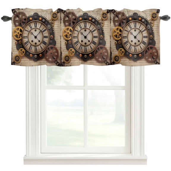 Vintage Clock Valances for Windows Punk Style Gears Industrial Aesthetics Retro Rod Pocket Curtain Valance Window Treatment Short Curtains for Kitchen Living Room, 42"x18"