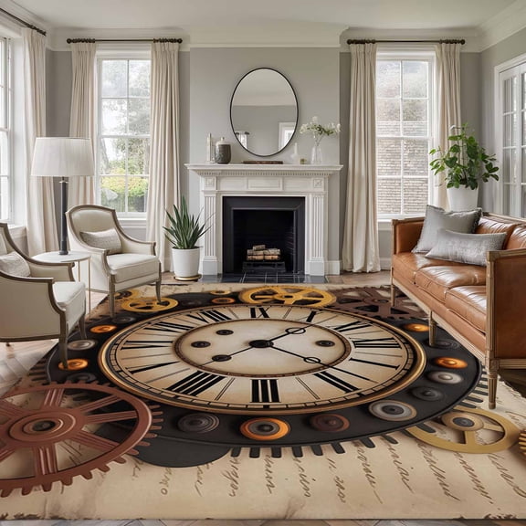 Vintage Clock Washable Living Room Rugs 5'x8', Punk Style Gears Industrial Aesthetics Retro Low Pile Throw Large Area Rug Non-Slip Sturdy Edge Binding Carpet for Living Room Kitchen Office