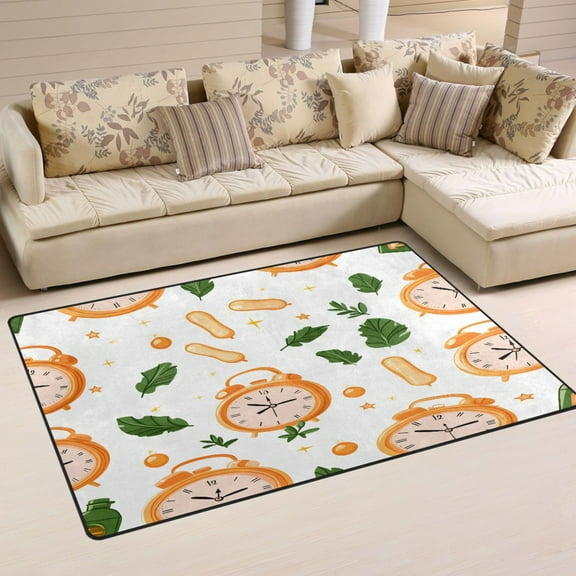 Vintage Clock and Leaves Soft Polyester Area Rug 31''x20'', Non Slip, Memory Foam, Water Absorbent