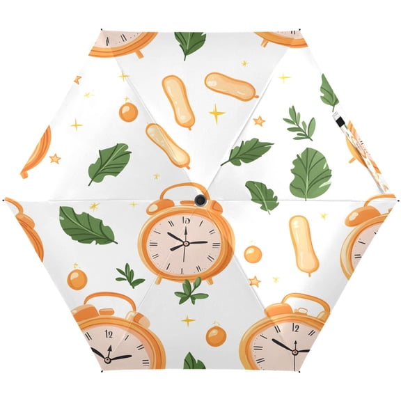 Vintage Clock and Leaves Umbrellas for Sun Auto Open Close UV50+ Waterproof 5-Fold Compact Fiberglass Frame