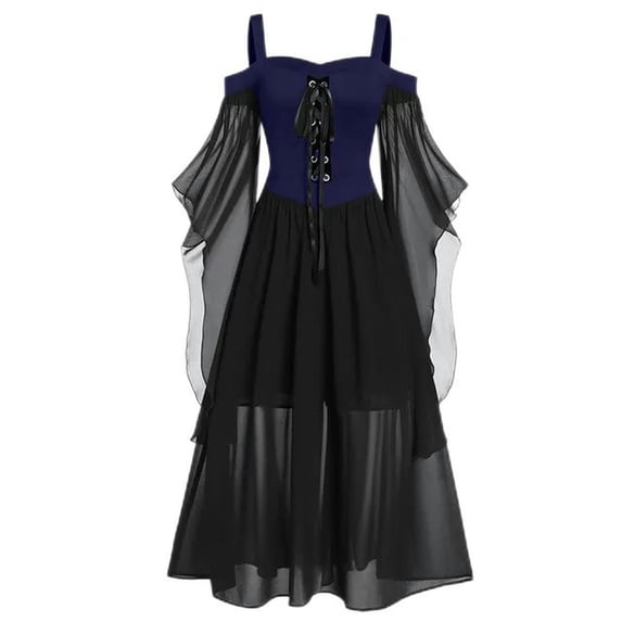 Vintage Clothing Gothic Off Shoulder Strappy Mesh Transparent A Line Length Slip Dress Party Outfit-DM03 Navy Blue Black-5XL