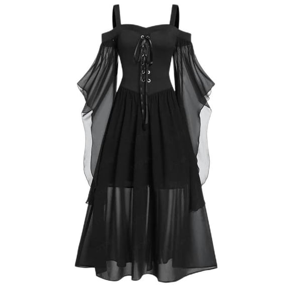 Vintage Clothing Gothic Off Shoulder Strappy Mesh Transparent A Line Length Slip Dress Party Outfit-XM02 Black-XXXL