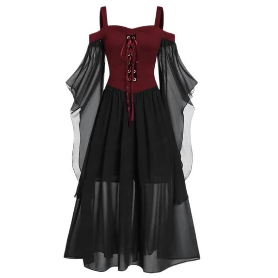 Vintage Clothing Gothic Off Shoulder Strappy Mesh Transparent A Line Length Slip Dress Party Outfit-XM03 Black Red-XL