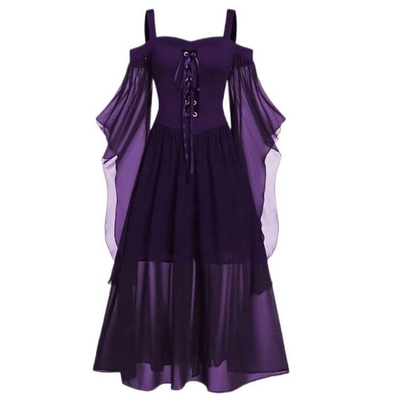 Vintage Clothing Gothic Off Shoulder Strappy Mesh Transparent A Line Length Slip Dress Party Outfit-XM04 Purple-5XL