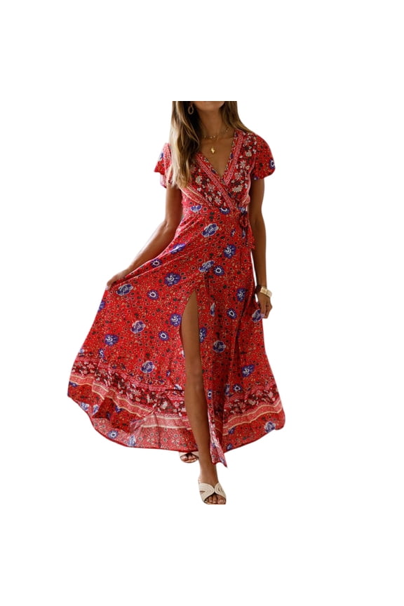 Vintage Clothing Women's Floral Maxi Dresses Boho Button Up Split Summer Casual Long Dress Beach Party Dress, Sizes S-2XL