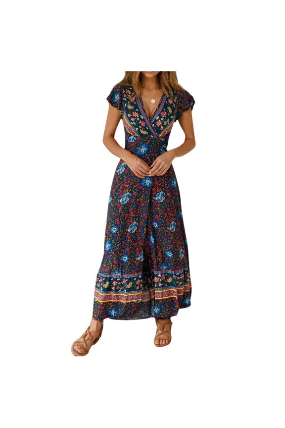 Vintage Clothing Women's Floral Maxi Dresses Boho Button Up Split Summer Casual Long Dress Beach Party Dress, Sizes S-2XL