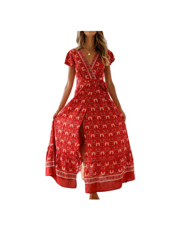 Vintage Clothing Women's Floral Maxi Dresses Boho Button Up Split Summer Casual Long Dress Beach Party Dress, Sizes S-2XL