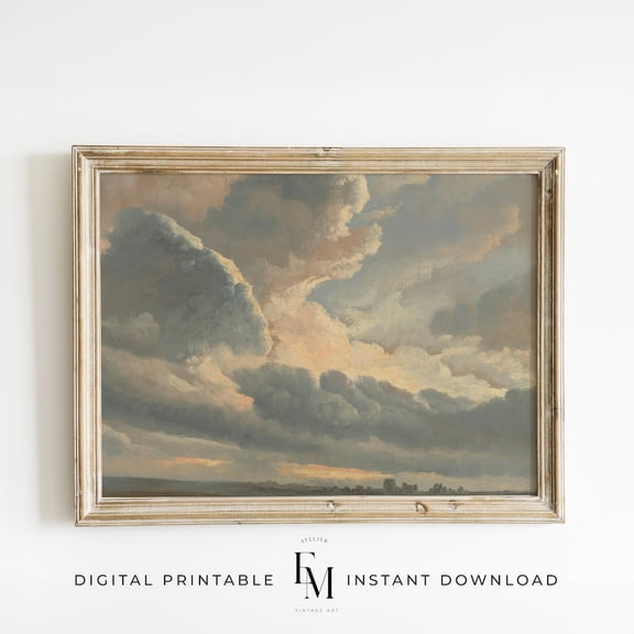 Vintage Cloud Muted Blue Sky Cloud Antique Cloud Wall Decor Moody Print Sky Antique Neutral Cloud Study Art Home Decor #2533, Unframed Poster Size 8x12