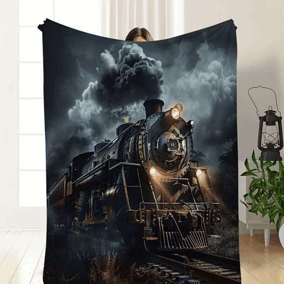 Vintage Coal Train Printed Black Blanket, Railway Locomotive Theme Throw for Bed Couch Sofa, Cozy Travel Camping Cover, Unique Gift Idea for Train Lovers
