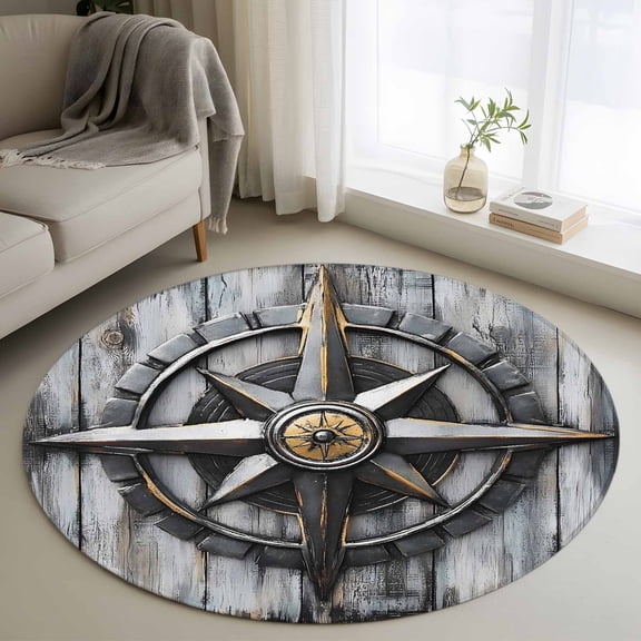 Vintage Coastal 3ft Area Rug, Nautical Ocean Summer Beach Compass Washable Non-Slip Small Round Rugs for Entryway Bedroom Kitchen, Soft Circle Carpet for Dining Room, Playroom Nursery Rug