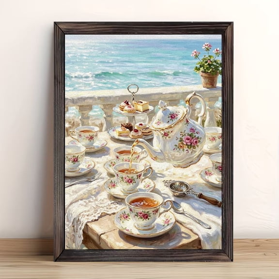 Vintage Coastal Afternoon Tea Framed Wall Art, Solid Wood Frame Ocean View Floral Teacup Dessert Print, Elegant Kitchen Dining Room Wall Decor, 12x16in