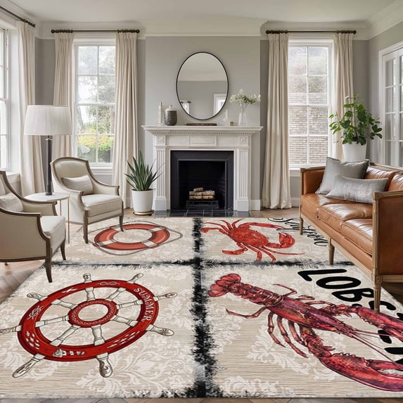 Vintage Coastal Area Rugs 8'x10', Washable Small Throw Rugs for Living Room Patio, Nautical Crab Lobster Anchor Retro Art Indoor Outdoor Rug Non-Slip Low Pile Carpet Runner Reversible Floor Mats