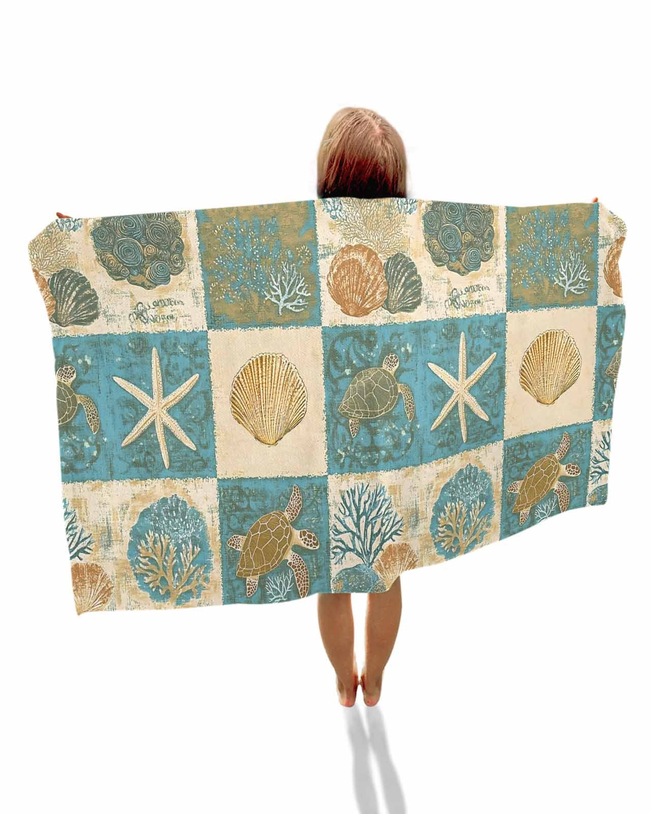 Vintage Coastal Beach Towels Oversized Super Absorbent, Summer Beach Sea Turtle Shell Starfish Lightweight Bath Towel Quick Dry Sets For Bathroom/Pool/Rv Camping/Beach Play/Gym Room/Picnic 23"x47"