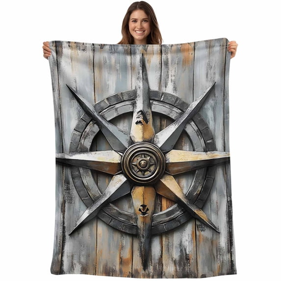 Vintage Coastal Blanket Soft Cozy Warm Twin Blanket for Bed, Plush Fuzzy Flannel Fleece Blankets for Sofa, Nautical Ocean Compass Summer Beach Throw Blankets for Couch, Gifts for Men, 60"x80"