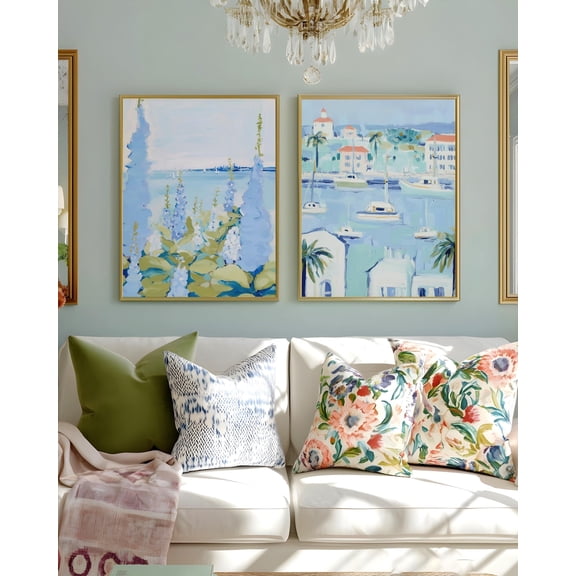 Vintage Coastal Charleston Harbor Blue Delphinium Flower Grandmillennial Bedroom Bathroom Set 2 Stretched Canvas