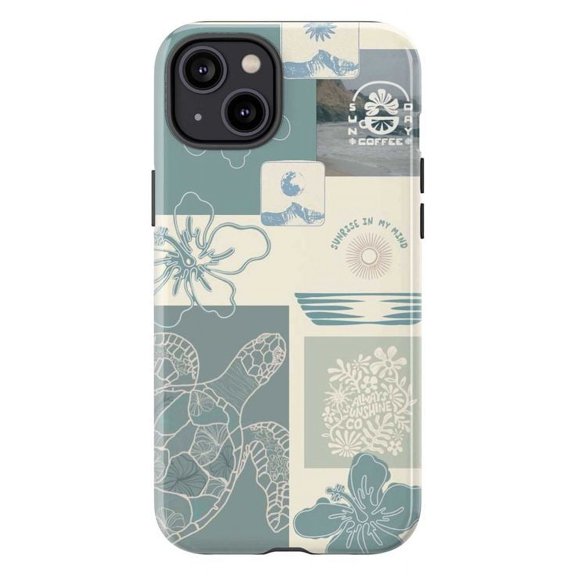 Vintage Coastal Collage iPhone Case, Sea Turtle, Floral & Beachy Coffee Print – Soft Blue Ocean Aesthetic Phone Cover for iPhone 16 15 14 13 12 11 Pro Max Plus Mini