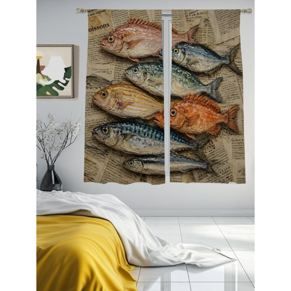 Vintage Coastal Fishes Sheer Curtains 2 Panels Set Retro Newspaper Texture Lihgt Filtering Rod Pocket Voile Drape,Semi Sheer Window Curtains for Bedroom Living Room,52"x63"