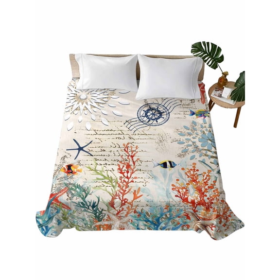 Vintage Coastal Flat Sheets Only King Size, Soft Breathable Bed Top Sheets for Mattress, Summer Beach Coral Starfish Nautical Luxury Bedding Flat Sheets for Home Hotel Bedroom Bed Protection