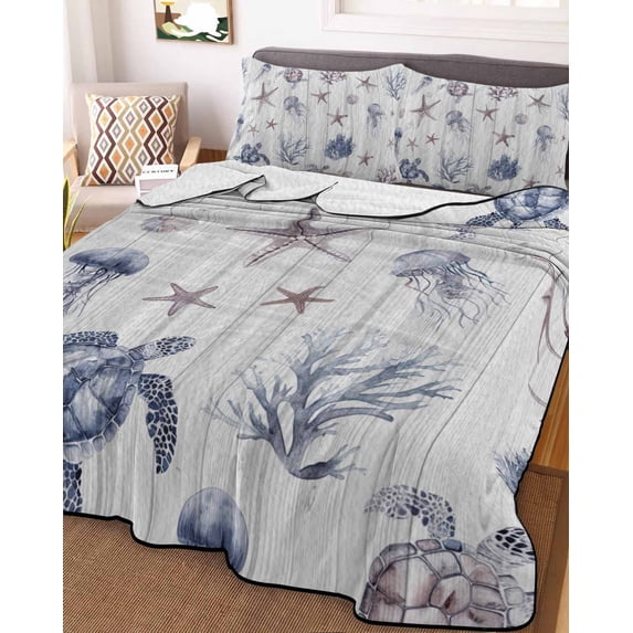 Vintage Coastal Full Size Down Alternative Comforter,Lightweight Comforter Quilt Bedding Set with Pillow Shams Nautical Summer Beach Sea Turtle Starfish All Seasons Bed Comforter Duvet Insert 78"x90"