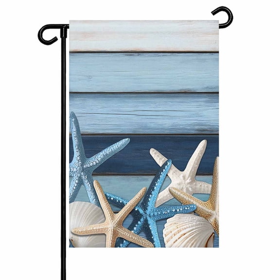 Vintage Coastal Garden Flags for Outside Wood Texture Starfish Shell Double Sided Yard Flags Outdoor House Decoration, Small 12X18 Inch, Aqua Blue Ivory