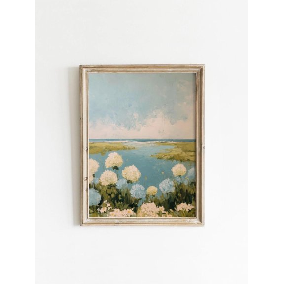 Vintage Coastal Hydrangeas Soft Floral Summer Pastel Decor, Unframed Paper Poster 8x10in