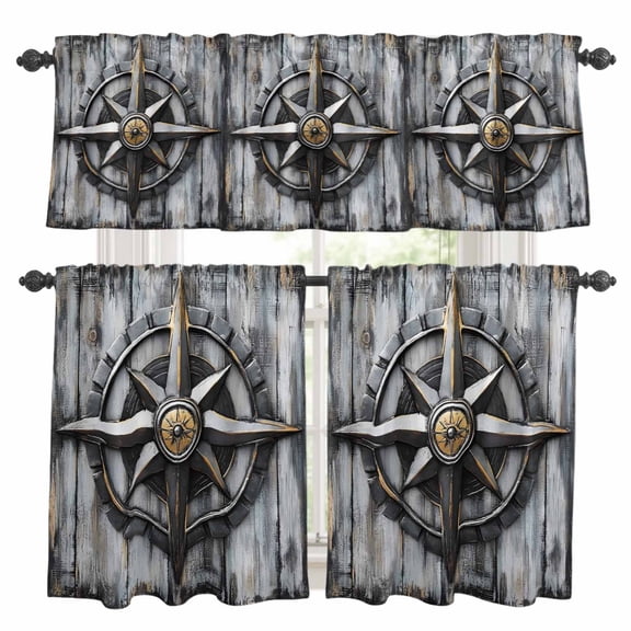 Vintage Coastal Kitchen Curtains Sets for Windows 36 Inch Length, Nautical Ocean Summer Beach Compass Rod Pocket Window Treatments Tier Curtains and Valances Set for Bedroom/Bathroom