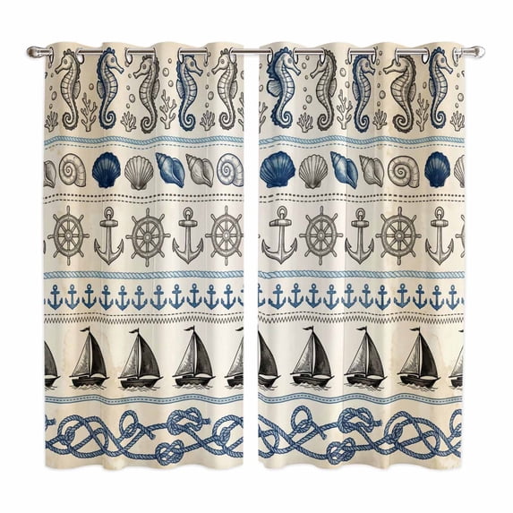 Vintage Coastal Kitchen Curtains Window Panels, Beach Nautical Seahorse Shell Anchor Insulated Window Treatment Curtain, Grommet Curtains for Bedroom/Living Room/Bathroom, 2 Piece 42"Wx63"L