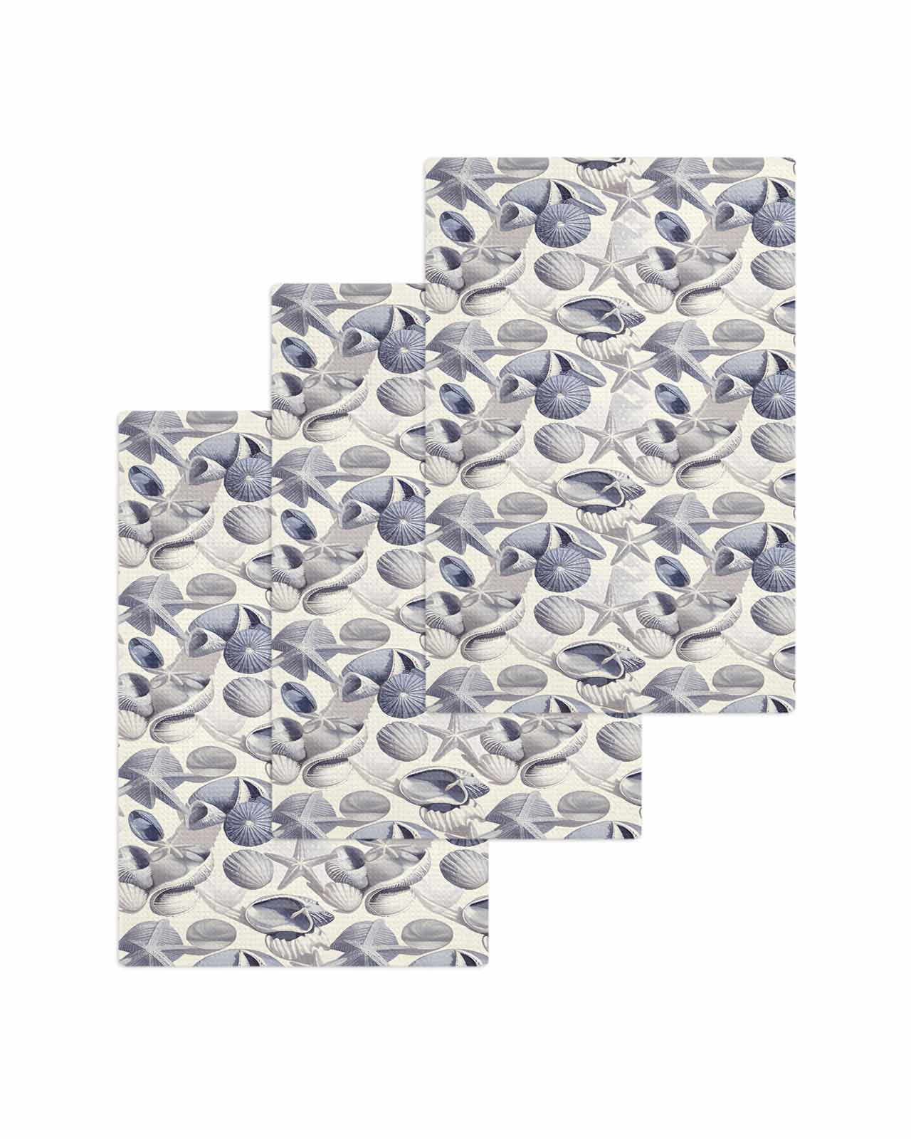 Vintage Coastal Kitchen Dish Towels for Drying Dishes Set of 3, Blue Grey Starfish Shell Conch Waffle Weave Microfiber Terry Hand Tea Bathroom Towels Quick Dry & Absorbent Towel 15.7x23.6