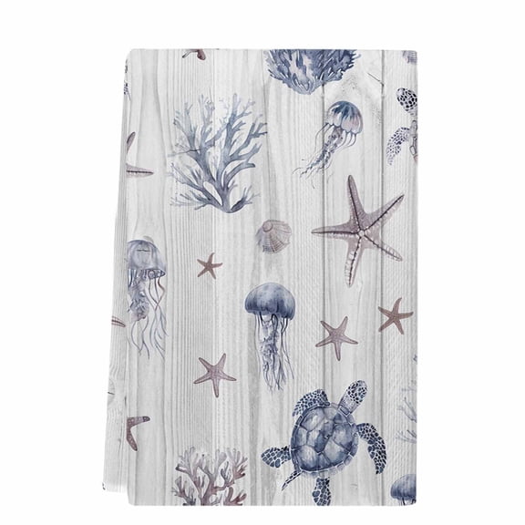Vintage Coastal Kitchen Towels Set of 1,Absorbent Microfiber Dish Tea Towels with Hanging Loop,Nautical Summer Beach Sea Turtle Starfish Resuable Hand Towel for Home Kitchen Cooking Cleaning 18"x28"