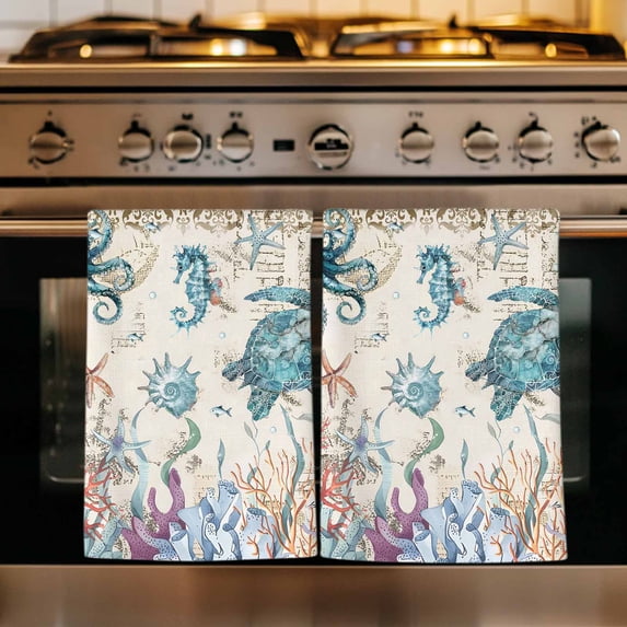Vintage Coastal Kitchen Towels Set of 2, Sea Turtle Octopus Coral Beach Nautical Absorbent Dish Towels for Kitchen, Microfiber Hand Towel, Quick Drying Tea Towel for Cleaning Decorative Dishcloths