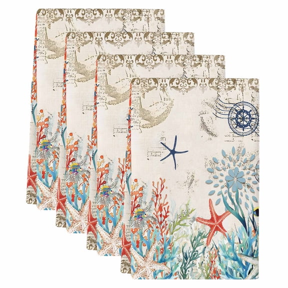 Vintage Coastal Kitchen Towels Set of 4, Absorbent Microfiber Dish Tea Towels with Hanging Loop, Summer Beach Coral Starfish Nautical Resuable Hand Towel for Home Kitchen Cooking Cleaning 18"x28"