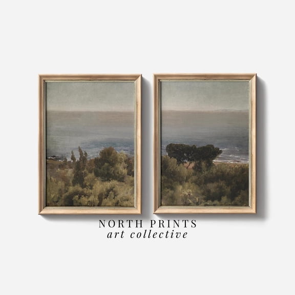 Vintage Coastal Landscape Painting Split Panel Wall Art Set Set 2 Stretched Canvas 16x24