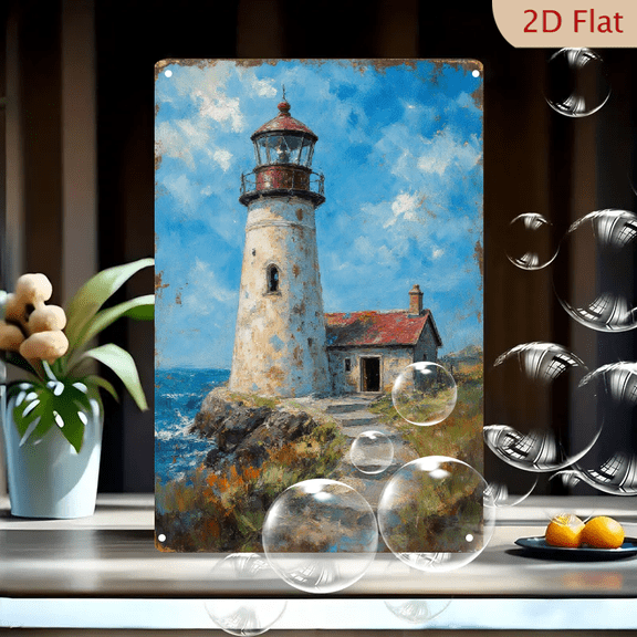 Vintage Coastal Lighthouse Oil Painting Wall Art, 8x12 Inches Distressed Metal Tin Sign with Red Lantern Room and Rugged Seaside Scenery, Rustic Home Decor for Kitchen or Living Room